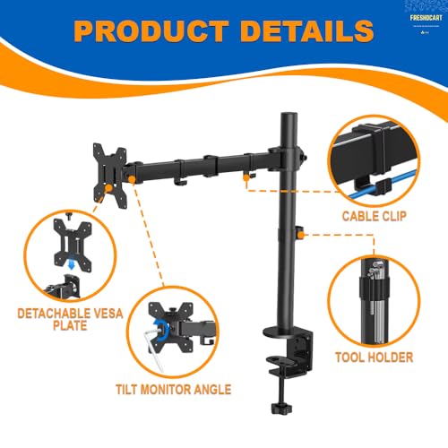 Image of FreshDcart Monitor Desk Mount with Laptop Tray, Adjustable Computer Arm Support & 6 Magnetic Cable Organizers | Ergonomic Screen Desk Setup | Space Saving Heavy Duty Clamp Mount for Home & Office