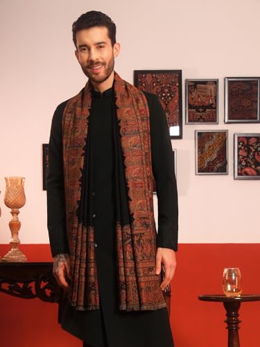 Image of Pashmoda Men Arcadia Borders Jamawar Shawl, Stole and Wrap, Sustainable and Natural Fabric, Heritage Kashmiri Pashmina, Medium Size for Gents, (Size 40x80 Inches)