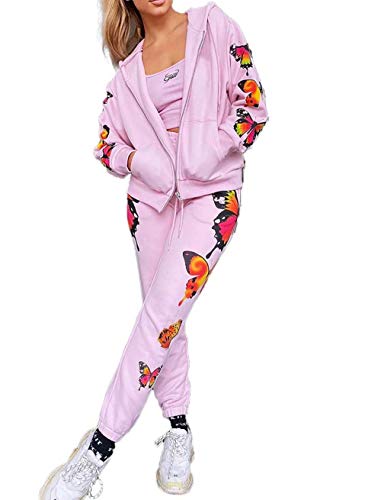 Women's Tracksuit Set Butterfly Printed Zipper Up Long Sleeve Hooded Sweatshirt Sweatpants Fashion Sports Outfit Sets (Pink, M)