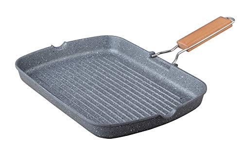 Parrilla de piedra gris, 36 x 24 cm, con mango plegable de madera y fondo apto también para inducción