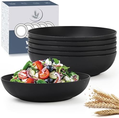 Wrova 10inch Wheat Straw Big Bowls Set of 6 - Large Salad Bowls 65oz set of 6 - Unbreakable Serving Bowls Microwave & Dishwasher Safe for restaurant - Big Plastic Bowls for Cereal,Salad - Black Series