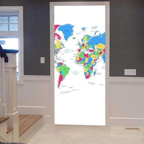 Pegatina Puerta Mapa del Mundo Murales Puertas Autoadhesivo Pegatinas para Puertas Mapa del Mundo Puerta Pared Mural 3D Interiores Decorativas Papel Pintado Pegatinas de Pared 85x200 cm m2424