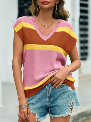 Image of Saodimallsu Womens Cap Sleeve Sweater Vest Top Summer Color Block Loose Knit Going Out Shirts Pink