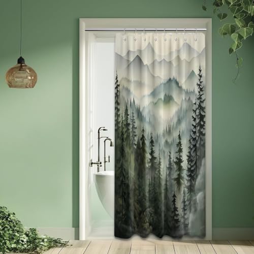 Sage Green Forest Stall Shower Curtain, 48X72 in Narrow Small, Mountain by QGHOT - Used condition - Image 2