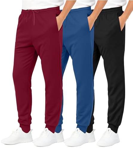 Image of Real Essentials 3 Pack: Boys' Athletic Jogger Sweatpants - Kids Teens Youth Active Sports Pants with Pockets (Sizes 5-18)