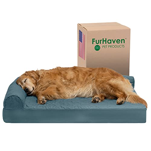 Furhaven Cooling Gel Dog Bed for Large Dogs w/ Removable Bolsters & Washable Cover, For Dogs Up to 95 lbs - Pinsonic Quilted Paw L Shaped Chaise - Bluestone, Jumbo/XL by Furhaven - Used condition - US$55.95