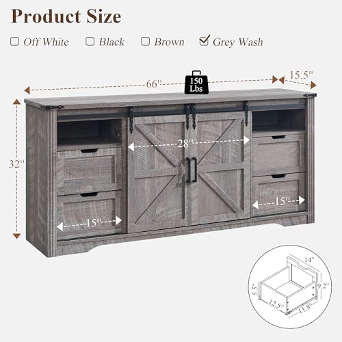 Image of Farmhouse 66 inchWood TV Stand for 75+ Inch TV, w /4 Drawers & Sliding Barn Door | 32 inch Tall Entertainment Center, Rustic Media Console w /Storage Shelves, 66 inch Wood Television Stand for Living Room, Grey Wash