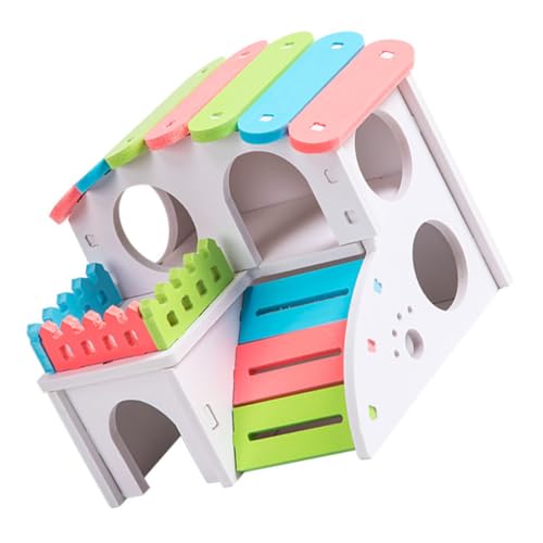 HANABASS ハムスターハウス 小さなハムスターアクセサリー 分娩 おもちゃ うさぎ 干し草 ハムスターエクササイズボール ペットの毛ほうき チンチラ小屋 Colorful 木製