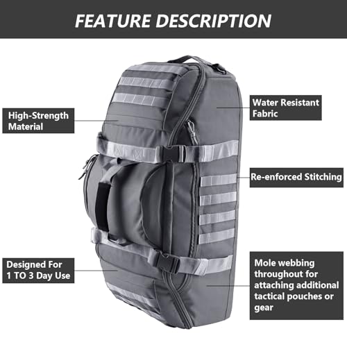 Image of Hannibal Tactical 65L Large Duffle Bag, 3-in-1 Tactical Backpack MOLLE Pack for Sports, Gym, Outdoor, Grey