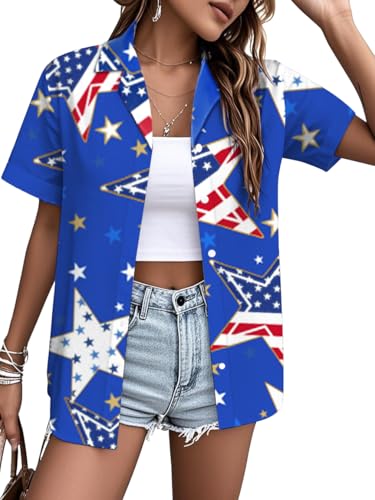 Image of American Flag Shirt for Women 4th of July USA Button Up Tops Summer Hawaii Floral Patriotic Stripes Graphic Tee