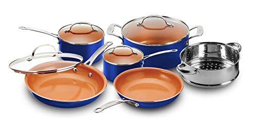 Gotham Steel 10-Piece Kitchen Set with Non-Stick Ti-Cerama Coating by Chef Daniel Green - Includes Skillets, Fry Pans, Stock Pots and Steamer Insert – Red 1 Gallery Image