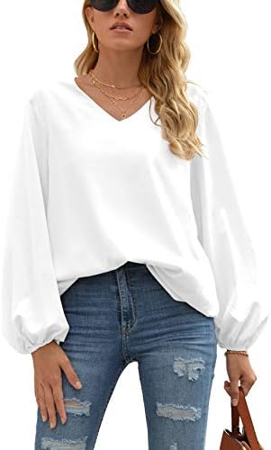 WANGZHI Women's Casual Sweet & Cute Loose Shirt Balloon Sleeve V-Neck Blouse Top (White,Small)