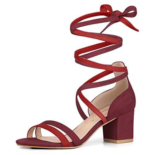 Allegra K Sandalias De Punta Abierta Color Block Talón Con Cordones Para Mujeres Rojo Burdeos 39