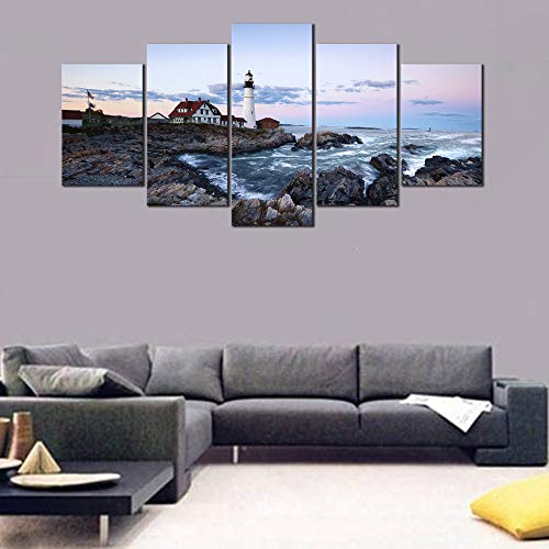 Wieco Art Portland Lighthouse 5 Piece Seascape Canvas Paintings Wall Art Extra Large Modern Ocean Sea Beach Giclee Canvas Prints Artwork Pictures Home Office Decoration For Living Room Bedroom Xl #TOP2