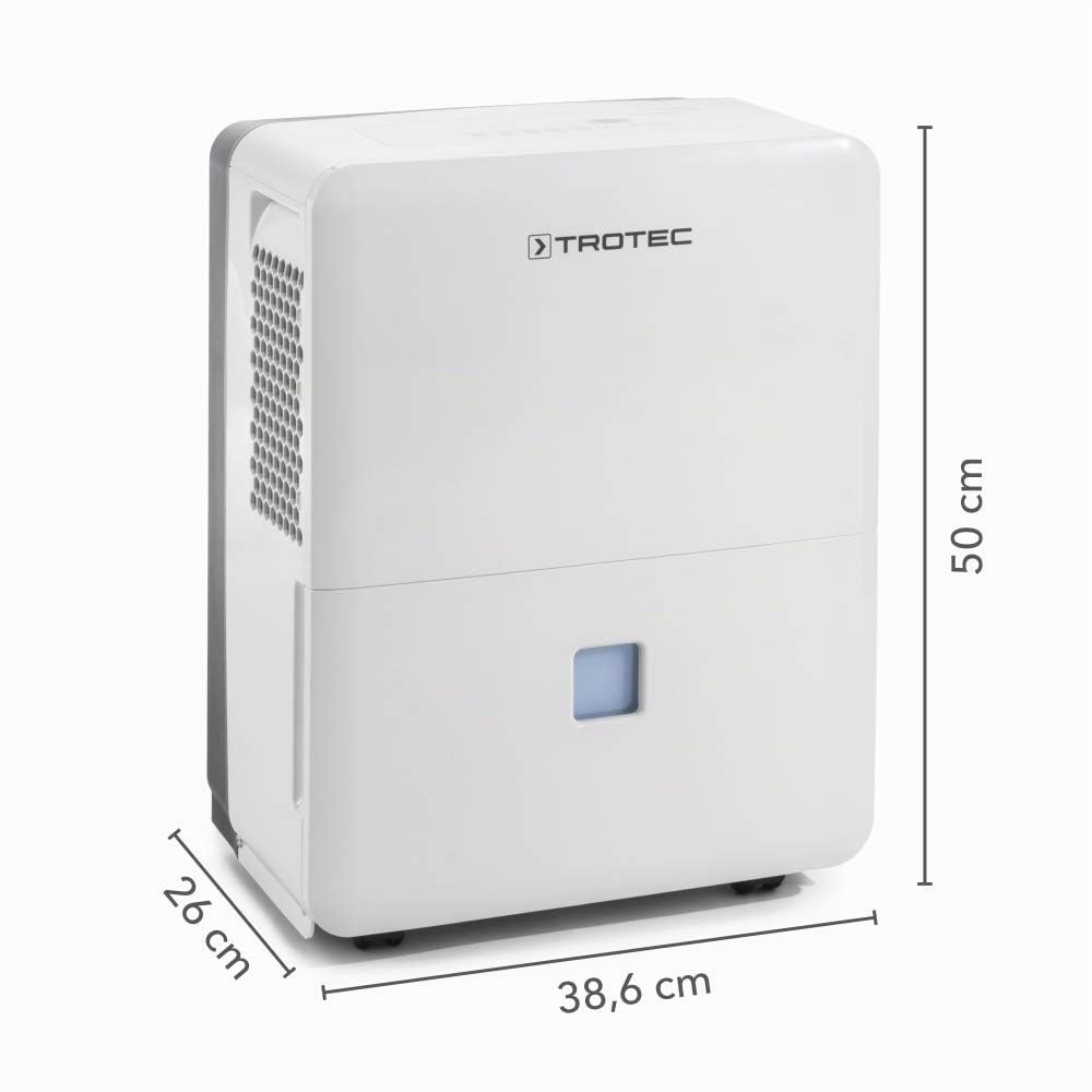 TROTEC Déshumidificateur électrique TTK 96 E – 30 L/24h, pour pièces jusqu’à 90 m², hygrostat réglable 35–85%, mode séchage linge, minuterie, bac 3 L, drainage continu