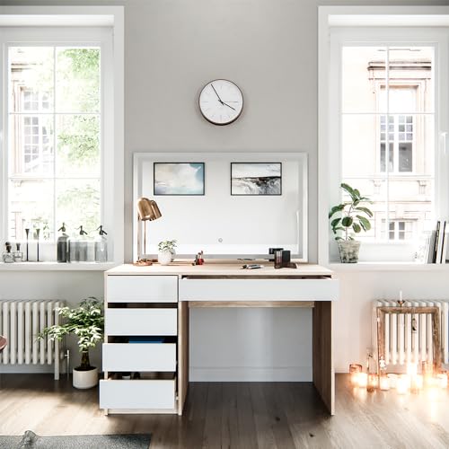 Vicco Schminktisch Sherry, Weiß/Sonoma, 120 cm mit LED-Spiegel, mit LED-Beleuchtung und großem rechteckigem Spiegel