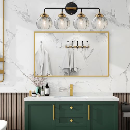 Image of 4-Light Bathroom Vanity Light Black Wall Light Sconces with Smoky Gray Glass Shade Mid Century Bathroom Wall Lights Fixtures Modern Vanity Lamp for Over Mirror Living Room Cabinet