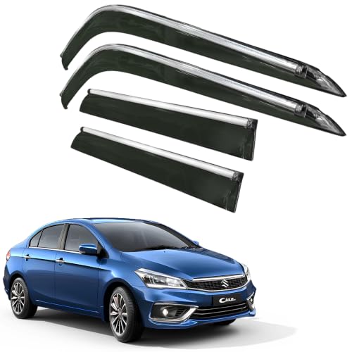 Image of CAR SAAZ Side Door Visors for Ciaz (2014-2017) (Set of 4Pcs) | Chrome Lined Rain Guards, Polycarbonate, Smoke Finish