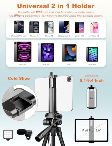 JOILCAN Phone Tripod Stand, 68" Tripod for iPad iPhone Tablet with Remote Universal Holder Carry Bag, Travel Aluminum Tripod for Video Recording Photos Vlogging Compatible with iPad Pro iPhone Camera