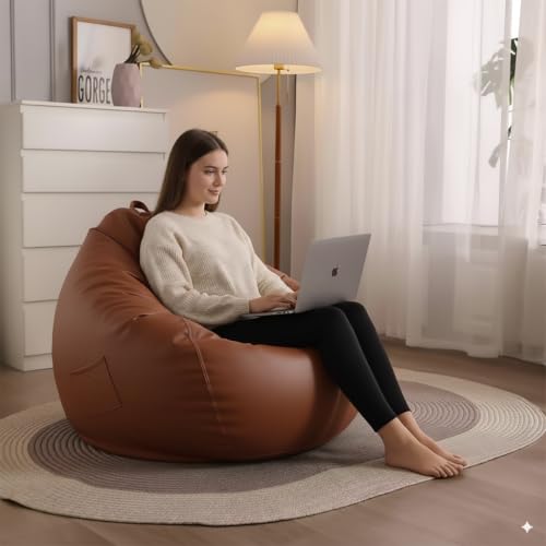 Image of 4XL Leatherette Bean Bag Chair with Footrest & Cushion with Beans Filled (Ready to Use) Color- (Tan, Bean Bag Only)