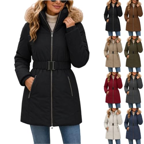 Womens Long Puffer Jacket Adjustable Waist Puffer Coat with Detachable Hood - image 1