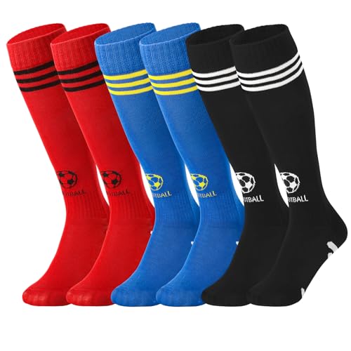 Utensilsto 3 Paar Fußballsocken Kinder 27-32 Sportsocken Lange Fußball Socken Atmungsaktiv Fußballstutzen für Jungen Mädchen Rutschfeste Trainingssocken für Fußball Laufen Basketball(Schwarz+blau+rot)