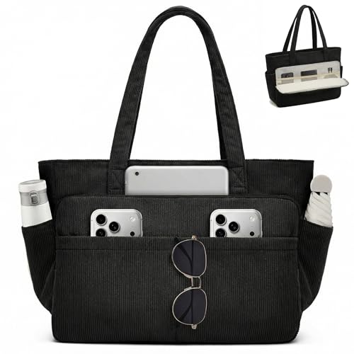 Jiliyote Cord Tasche Damen Große Shopper Tote Bag mit 15 6 Zoll Laptopfach und 12 Fächern Handtasche mit Reißverschluss und Baumwollfutter Arbeitstasche für Uni Schule & Everyday (Schwarz)