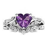 LELOUCHY 10K 14K 18K Gold Heart Amethyst Engagement Ring Set for Women Leaf Art Deco Ring Set Heart Cut Vintage Vine Amethyst Bridal Wedding Promise Ring Set 4~15