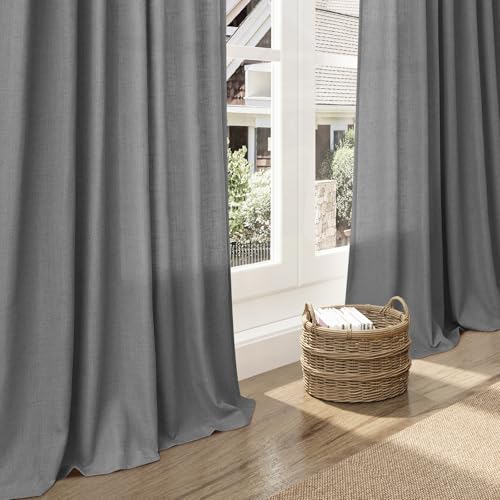 Image of Dark Gery Linen Curtains 84 Inches Long for Bedroom Rod Pocket Back Tab Light Filtering Privacy Semi Sheer Curtains Farmhouse Decor Cotton Textured Curtain for Living Room 2 Panels Set 52x84 Inch