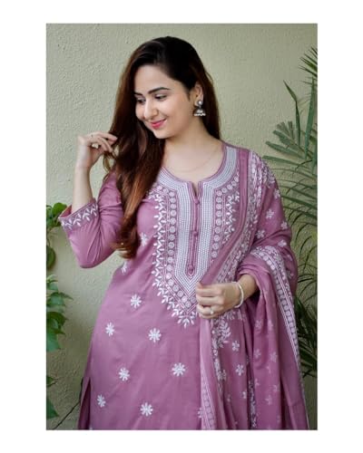 Image of Women's 3 /4 Sleeves Cotton Sulb Embroidered Work Kurti with Matching Pant & Embroidered Dupatta Set