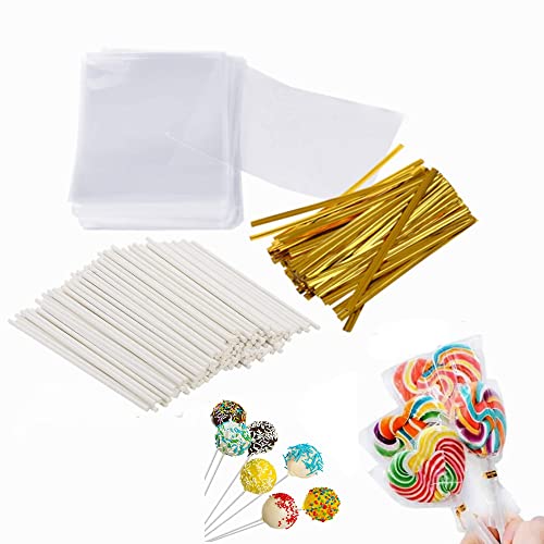 Cake Pop Sticks and Wrappers Kit,100pcs Parcel Bags, Papery Treat Sticks, 100pcs Colorful Metallic Twist Ties for Making Lollipops, Cake Pops, Candies, Chocolates and Cookies