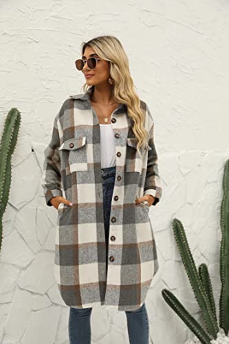 SeekMe Women's Oversized Flannel Plaid Shacket Jacket Flap Pocket Lapel Button Down Long Shirt Jackets2