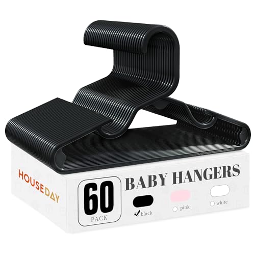 Image of HOUSE DAY Plastic Baby Hangers for Closet 60 Pack, Durable Plastic Kids Hangers for Baby Clothes, Thin & Compact Childrens Hangers, Space Saving Black Baby Hanger, Small Hanger for Kids Clothes