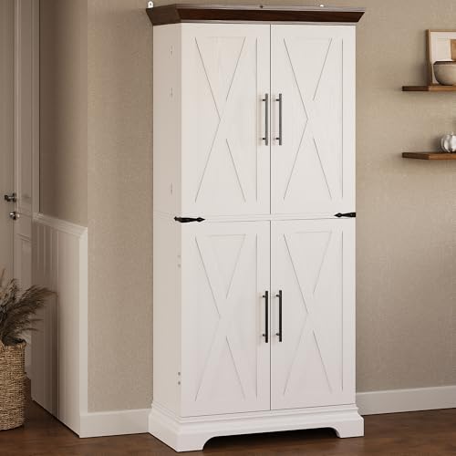 IRONCK Kitchen Pantry Cabinet 72" H, with 9 Shelves, 4 Barn Doors, Drawer, 6 Door Storage Shelves, Farmhouse Freestanding Rustic Wood Cupboard for Kitchen Dining Room White