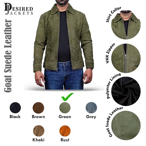 Image of Mens Polo Collar Zipper Suede Shirts Long Sleeve Shacket Suede Trucker Jacket Real Suede Leather Shirt