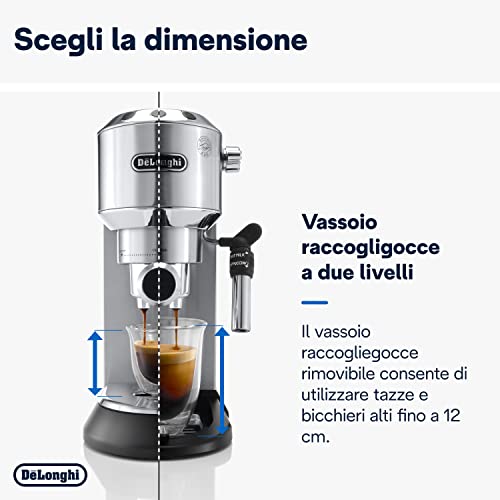 De'Longhi Dedica EC685.M Macchina Caffè Espresso Manuale, Caffè Polvere o Cialde E.S.E., Montalatte classico per Cappuccini, Spegnimento Automatico, Serbatoio 1L, Filtro Singolo/Doppio, Metal - immagine 6