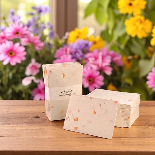 Image of Kathmandu Valley Co. 50 Vintage 4x6 Handmade Lokta Paper Nepali Cherish Greeting Cards & Matching Decorative Flower Petal Envelopes. Folded blank cards. Handmade In Nepal. (Marigold)
