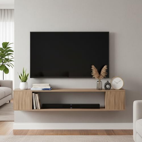 Image of FURNEASER Ether Modern Wall Mounted TV Unit with Floating Shelf | Wooden TV Entertainment Unit for Living Room | Engineered Wood Media Console for 43,50, 55 to 65 Inch TV (Exotic Teak)