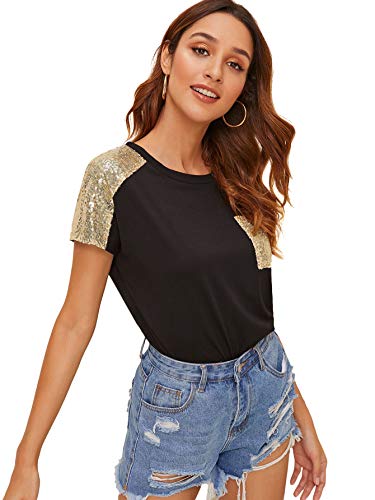 Sweatyrocks Women's Casual Contrast Sequins Summer T Shirts Short Sleeve Solid Plain Tee Tops Black S #TOP3