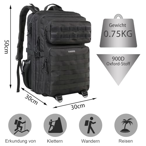 YOREPEK Großer Militär Rucksack Herren, 40L Outdoor Armee Wasserdicht Taktischer Bundeswehr Rucksäcke Molle Assault Survival Tactical Travel Backpack für Camping Trekking Wandern Reise Arbeit, Schwarz
