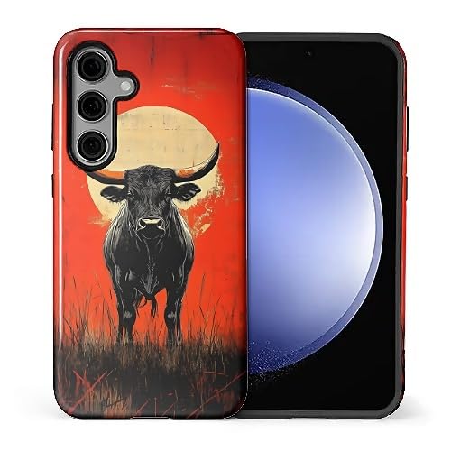 Compatible with Samsung Galaxy S24 FE Case,Glossy 2-in-1 Sleek All-Inclusive Dual-Layer Material Soft TPU + PC Back for Black Bull Vintage Red White Moon