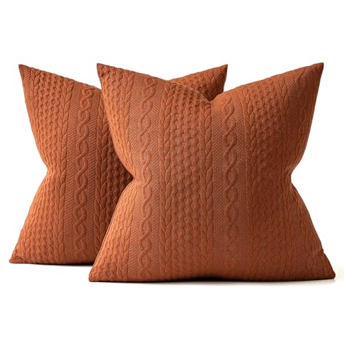 MIULEE Fall Decorative Throw Pillow Covers Set of 2 Super Soft Modern Stretchy Embossed Patterned Cushion Covers for Farmhouse Couch Sofa Livingroom Bed,Rust 18x18 inch