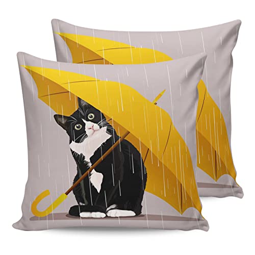 Funny Black Cat Holding Yellow Umbrella Outdoor Pillow Covers Set Of 2,Decorative Waterproof Throw Pillow Case, Cartoon Tuxedo Animal Cotton Linen Soft Cozy Cushion Pillowcases #TOP6