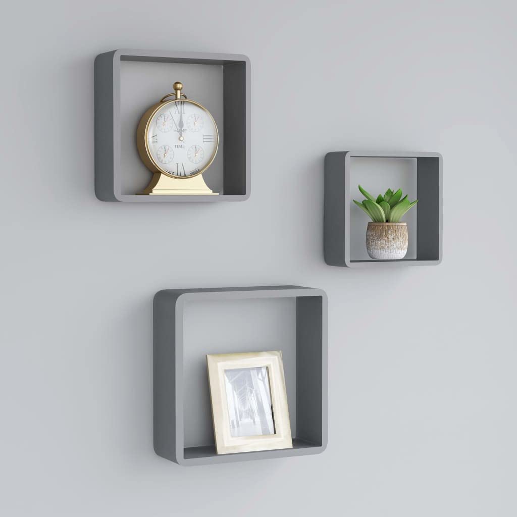 Set di 3 Mensole Cubiche da Parete Grigie in MDF con Sistema di Montaggio Invisibile, Scaffali Angolari Durevoli per Organizzare Libri Decorazioni in Soggiorno Bagno Cucina