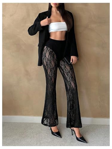 MakeMeChic Women's Lace Pants Sexy Sheer Bell Bottoms Y2k High Waisted Flare Pants3