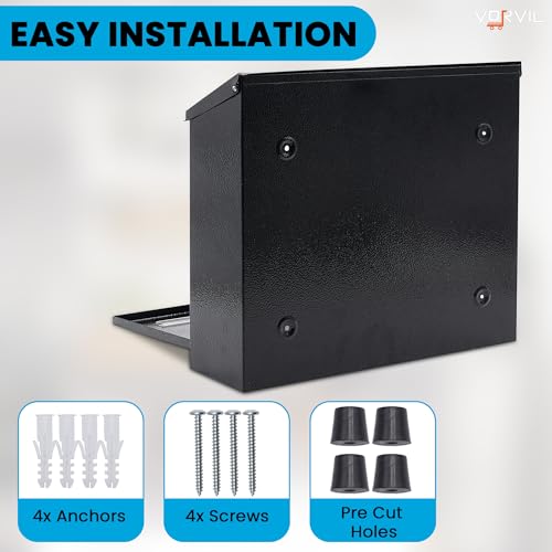 VORVIL Wall Mount Mailbox with Lock Box for Letters, Parcels, or Key Storage, Black Heavy Duty Powder Coated Steel, Waterproof Outdoor Mail Protection with Keys and Address Stickers