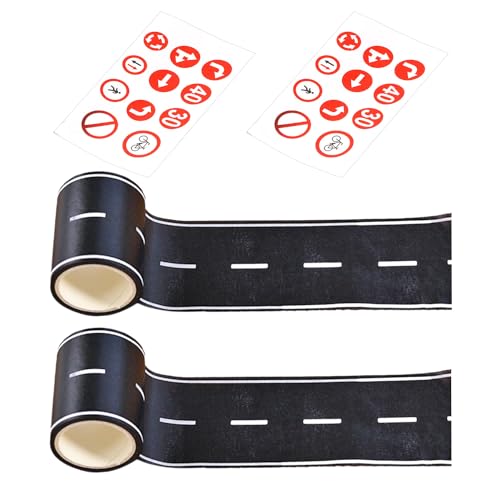 COACOM 2 Rollen gewöhnliches Autobahnband mit 2 Verkehrsschildaufklebern, Verkehrsband, Schilderaufkleber, Straßenmodellpapier, Spielzeugauto-Straßenband.