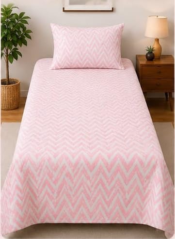 Image of 210 TC Glace Cotton Soft Cotton Zig Zag Design Flat Queen Size 60x90 inches Bedsheet Set - Lightweight & Durable 1 Bed Sheet with 1 Pillowcase 17x27 inches Pink