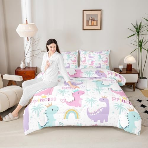 Erosebridal Girl Dinosaur Bedding Rainbow Twin Comforter Set for Girls Kids Toddler Cute Cartoon Little Dino Quilt Kawaii Princess Room Decor Pink Purple Blue Pastel Dinosaurs Bed Set 1 Pillow Case — view 3