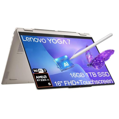 Image of Lenovo Yoga 7 2-in-1 Business Laptop (16 inch FHD+ Touchscreen, AMD Ryzen AI 5 340 (> Intel Ultra 7 165U), 16GB DDR5, 1TB SSD) Copilot+ PC, Backlit, Fingerprint, 1080p IR Webcam, Pen, Wi-Fi 7, Win 11 Home